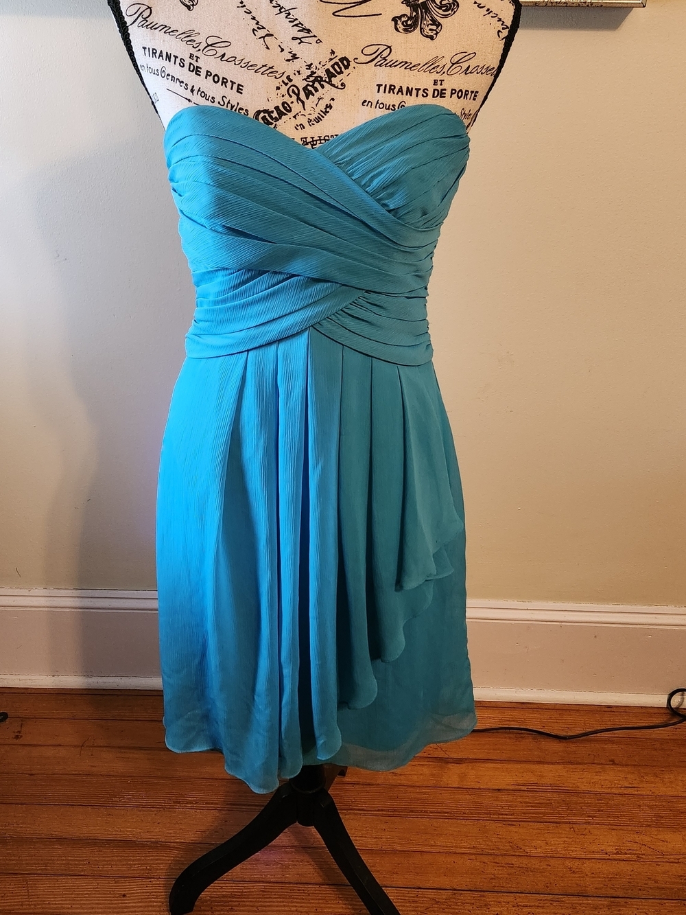 David's Bridal Crinkle Chiffon Turquoise Tea Length Dress